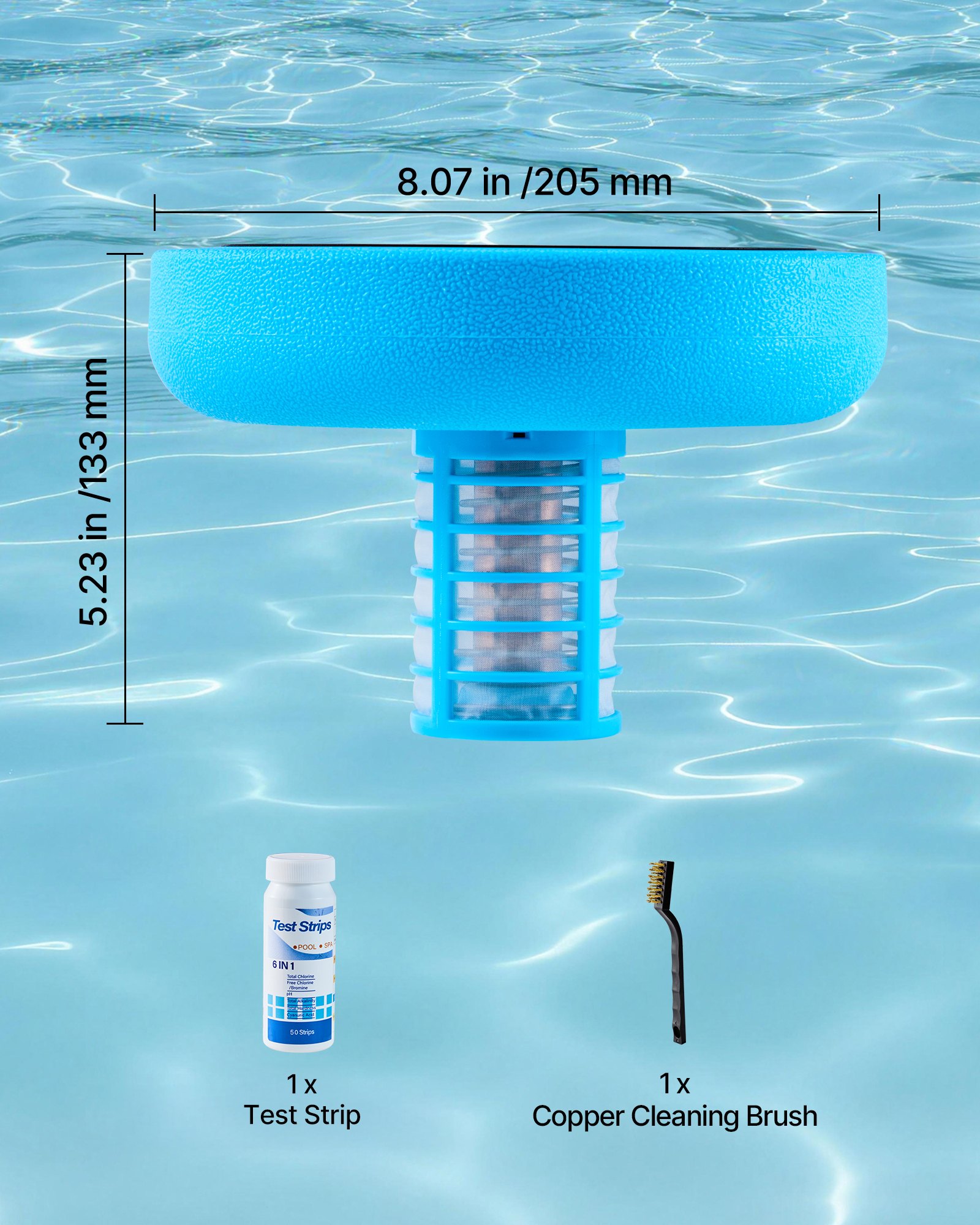VEVOR Ionizador Solar para Piscinas hasta 132.489 L, Purificador de Agua con Ionización de Cobre 20,5 cm, con Ánodo de Cobre, Resorte, Cepillo para Evitar Olores Desagradables, Molestias en Piel
