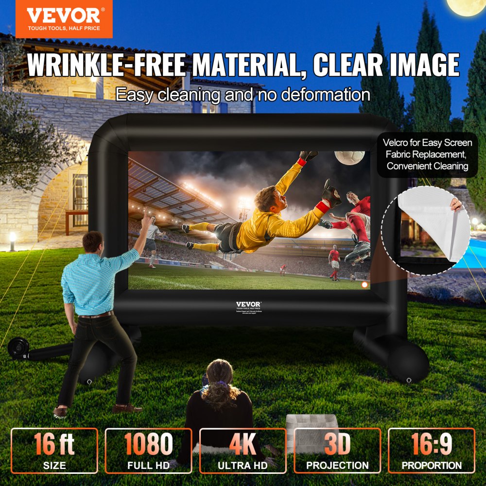VEVOR Pantalla de Proyección Inflable Pantalla de Cine al Aire Libre 16:9 de 16 Pies con Lienzo de Ventilador 287x163 cm Proyección Trasera Delantera Montaje Estable para Fiesta, Camping al Aire Libre