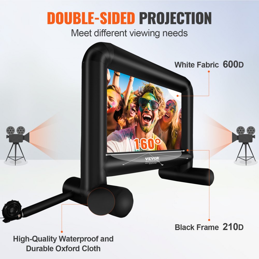 VEVOR Pantalla de Proyección Inflable Pantalla de Cine al Aire Libre 16:9 de 16 Pies con Lienzo de Ventilador 287x163 cm Proyección Trasera Delantera Montaje Estable para Fiesta, Camping al Aire Libre