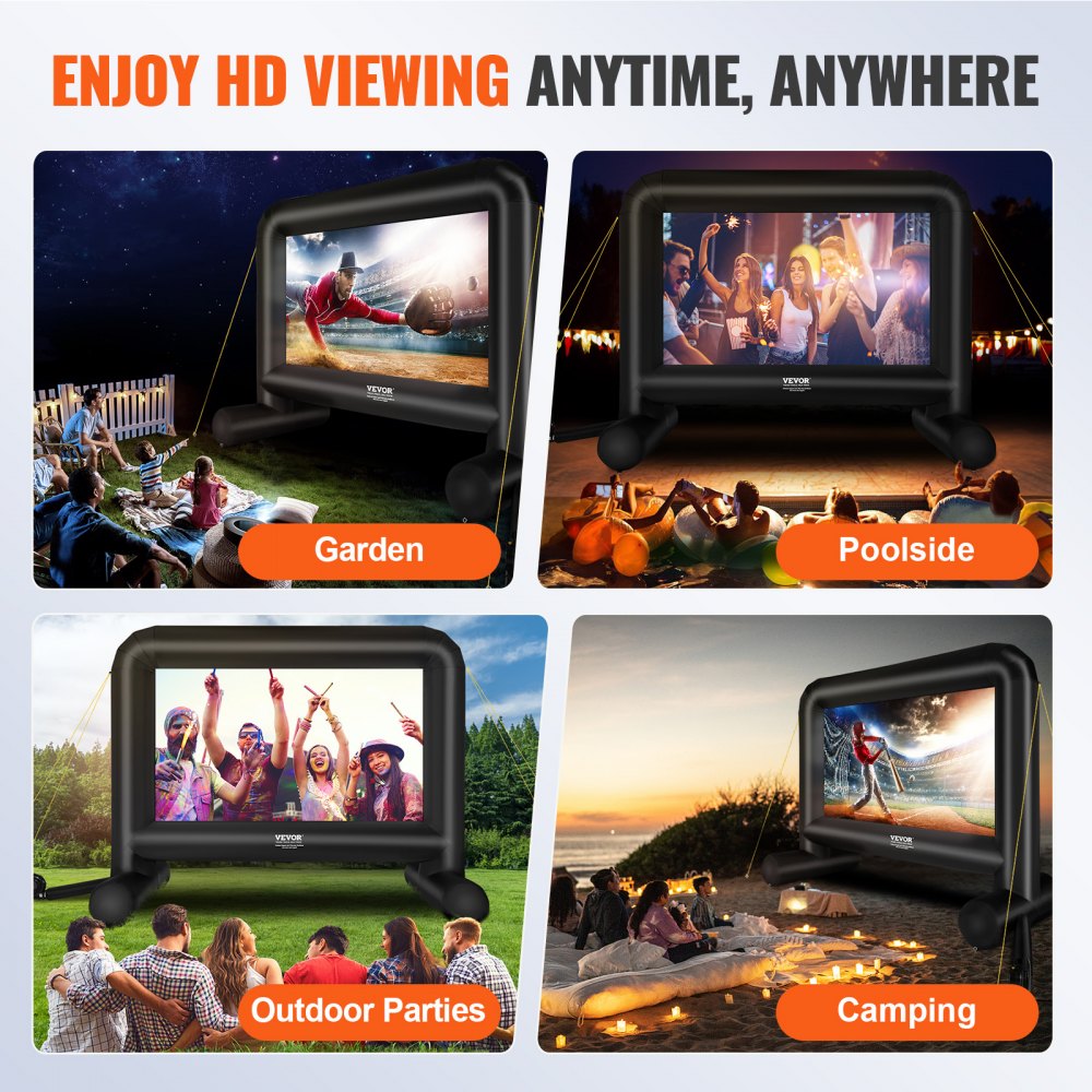 VEVOR Pantalla de Proyección Inflable Pantalla de Cine al Aire Libre 16:9 de 16 Pies con Lienzo de Ventilador 287x163 cm Proyección Trasera Delantera Montaje Estable para Fiesta, Camping al Aire Libre