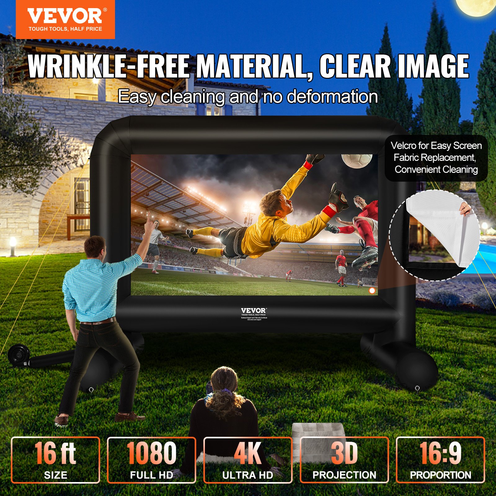 VEVOR Pantalla de Proyección Inflable Pantalla de Cine al Aire Libre 16:9 de 16 Pies con Lienzo de Ventilador 287x163 cm Proyección Trasera Delantera Montaje Estable para Fiesta, Camping al Aire Libre