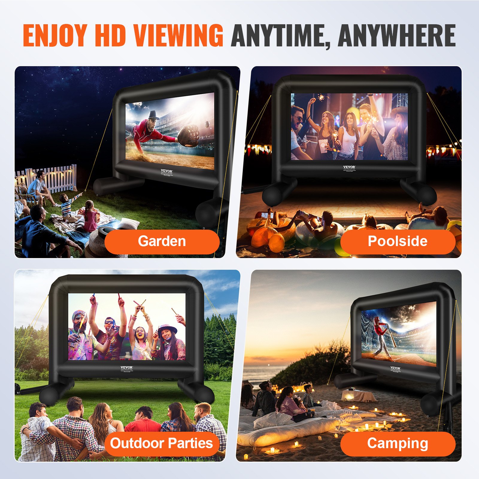 VEVOR Pantalla de Proyección Inflable Pantalla de Cine al Aire Libre 16:9 de 16 Pies con Lienzo de Ventilador 287x163 cm Proyección Trasera Delantera Montaje Estable para Fiesta, Camping al Aire Libre