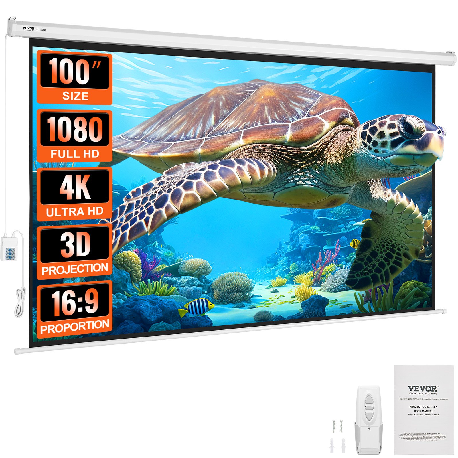 VEVOR Pantalla de Proyección Motorizada 254 cm 16:9 HD 4K 1080 Lienzo de Proyección Antiarrugas con Control Remoto Amplio Ángulo de Visión Montaje Directo en Pared para Proyectores de Video