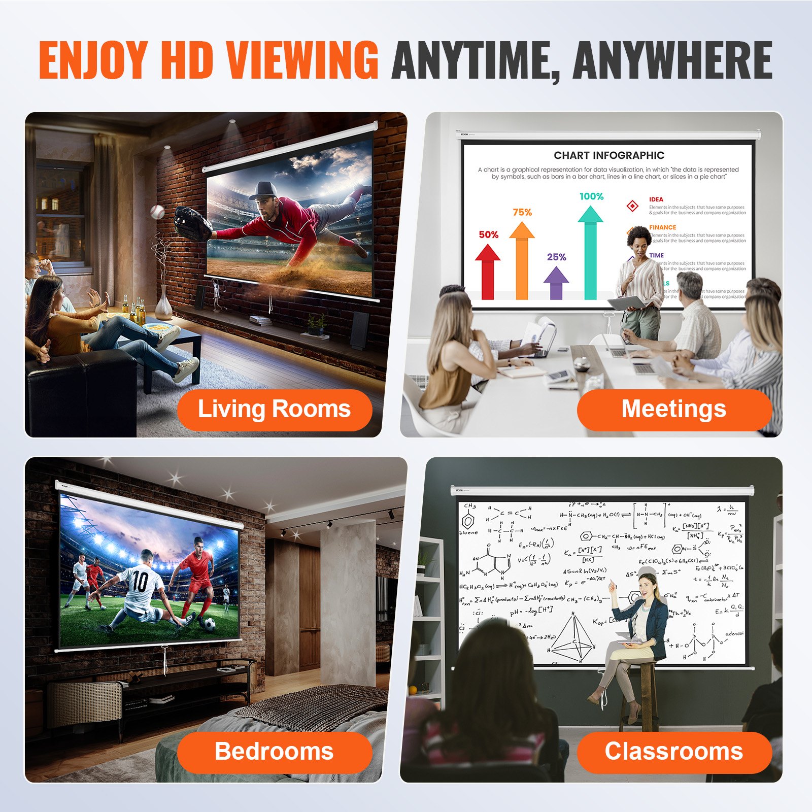 VEVOR Pantalla de Proyección Enrollable Manual 100 pulgadas 16:9 HD 4K Pantalla de Proyector Antiarrugas Amplio Ángulo de Visión Montaje en pared Imagen Detallada para Cine Fiesta en Casa Interior
