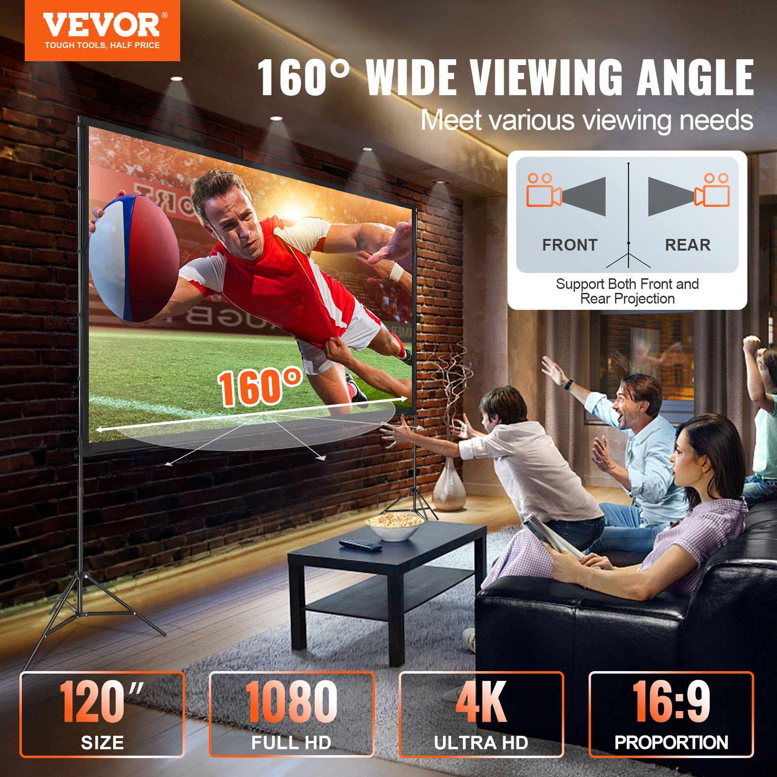 VEVOR Pantalla de Proyector de Pie 304,8 cm 16:9 HD Pantalla de Proyección Portátil de Doble Cara Antiarrugas Amplio Ángulo de Visión con Bolsa de Almacenamiento para Proyector de Vídeo Cine en Casa