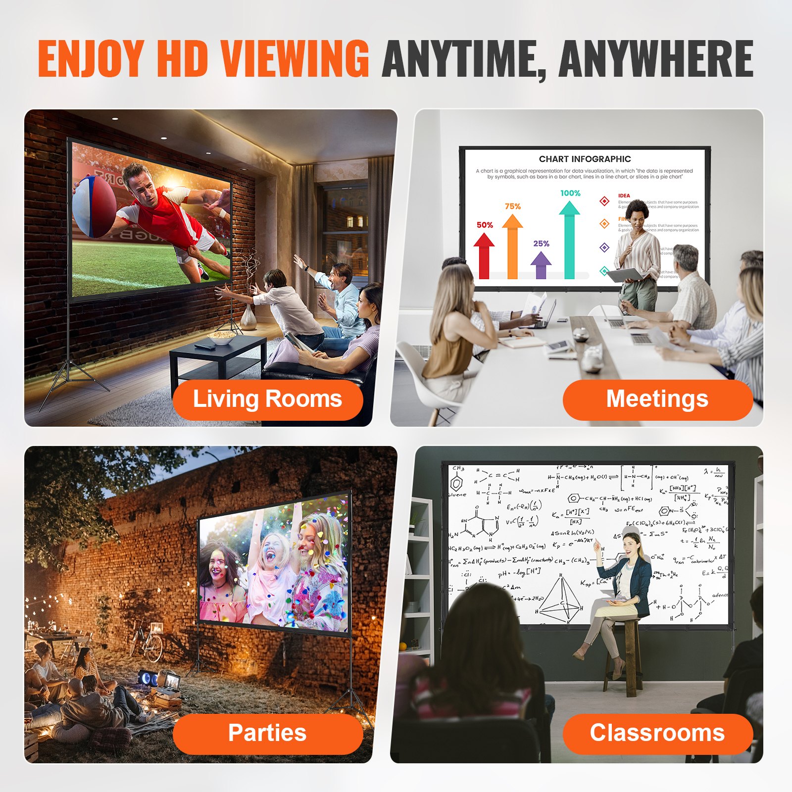 VEVOR Pantalla de Proyector de Pie 304,8 cm 16:9 HD Pantalla de Proyección Portátil de Doble Cara Antiarrugas Amplio Ángulo de Visión con Bolsa de Almacenamiento para Proyector de Vídeo Cine en Casa
