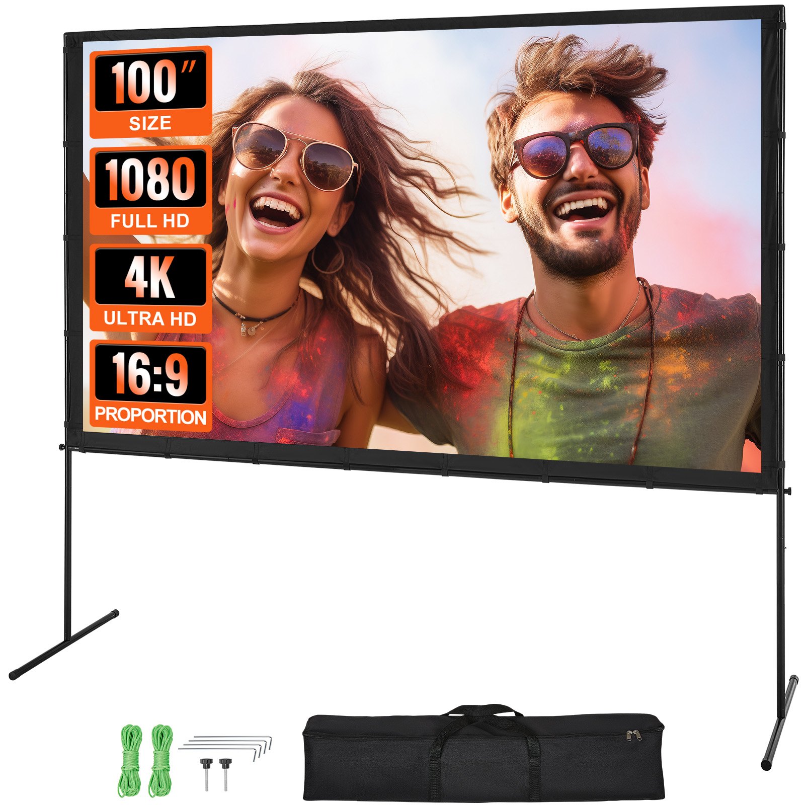 VEVOR Pantalla de Proyector de Pie 254 cm 16:9 HD Pantalla de Proyección Portátil de Doble Cara Antiarrugas Amplio Ángulo de Visión con Bolsa de Almacenamiento para Proyector de Vídeo Cine en Casa