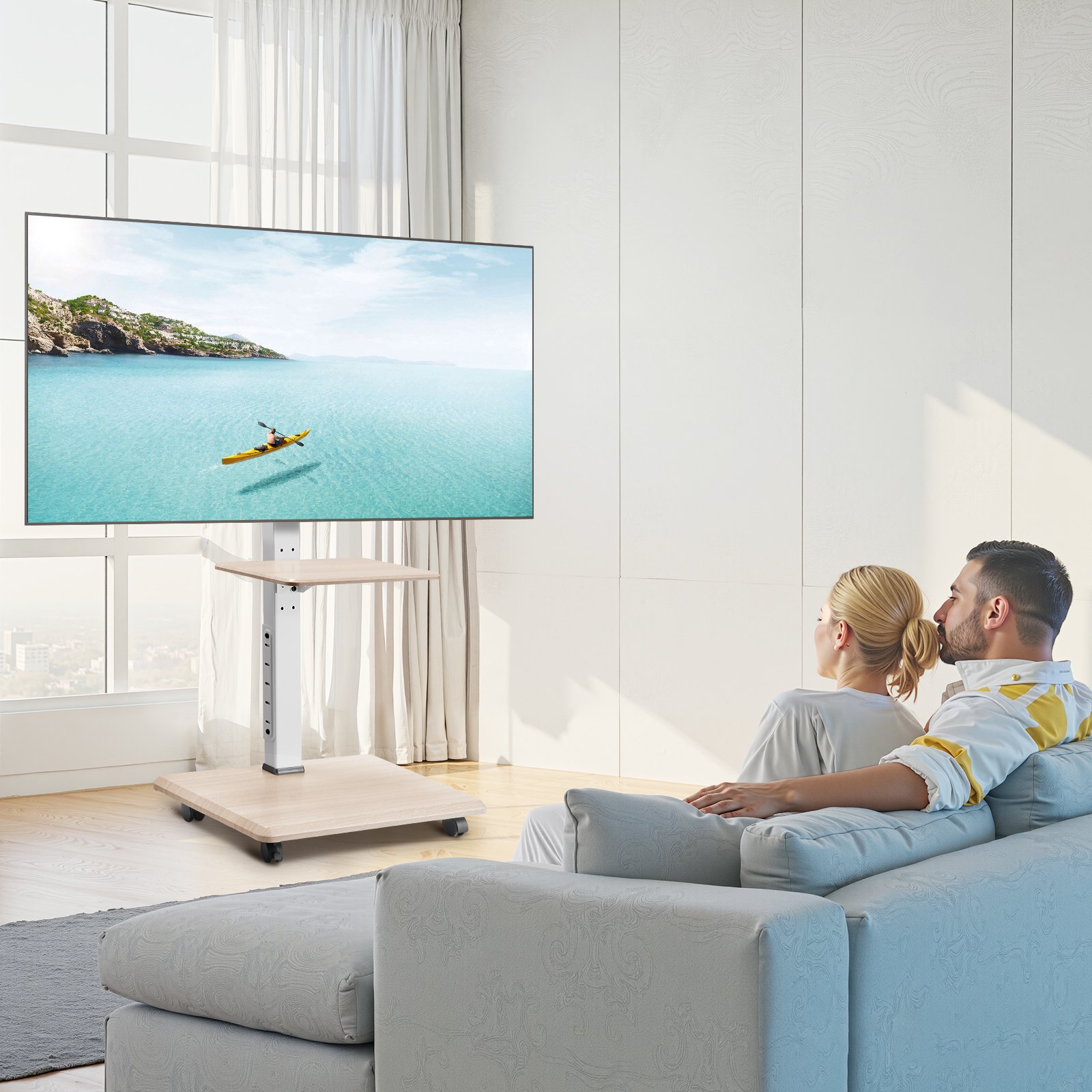 VEVOR Soporte de TV con Ruedas para Televisores de 812,8-1778 mm de Hasta 40 kg, Rotación de 25° a la Izquierda y a la Derecha, Soporte de TV con Altura Ajustable y Estante para Sala de Estar