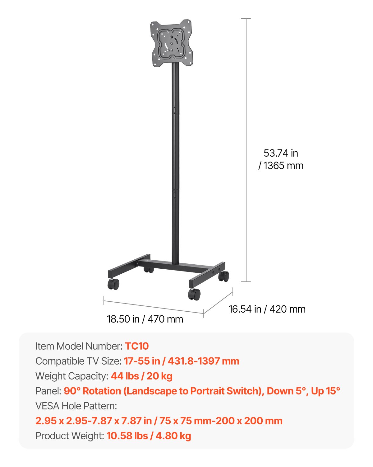 VEVOR Soporte de TV Enrollable para Televisores Planos y Curvos de 431,8-1397 mm, Soporte de Suelo Portátil para TV de Hasta 20 kg (máx. VESA 200 x 200 mm) para Sala de Estar, Oficina y Exterior