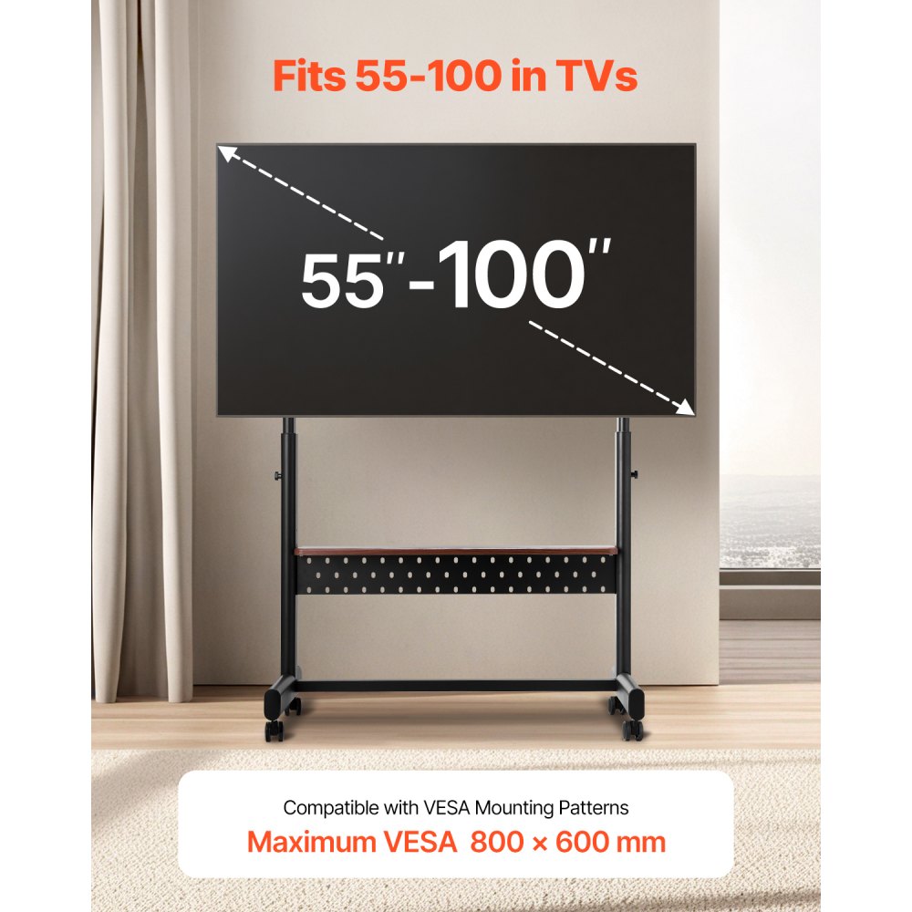 VEVOR Soporte de TV con Ruedas para Pantallas de 1397-2540 mm, Soporte de Monitor Portátil de Altura Ajustable con Estante de Hasta 92,99 kg para Sala de Estar, Oficina (máx. VESA 800 x 600 mm)
