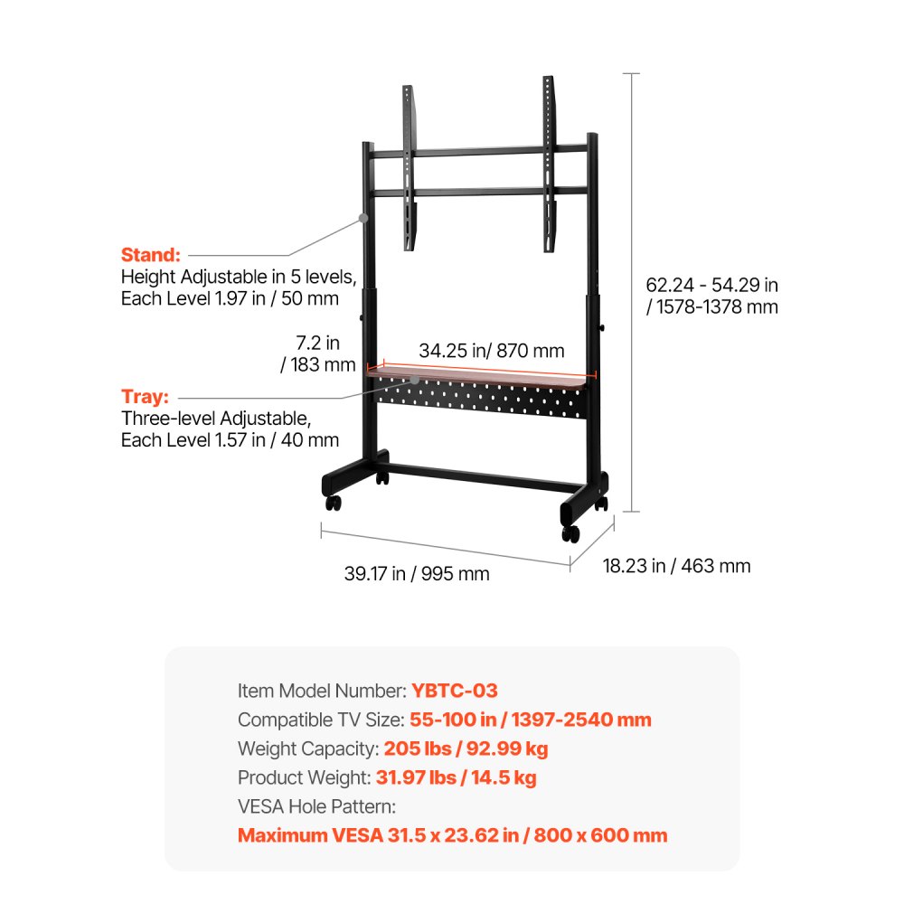 VEVOR Soporte de TV con Ruedas para Pantallas de 1397-2540 mm, Soporte de Monitor Portátil de Altura Ajustable con Estante de Hasta 92,99 kg para Sala de Estar, Oficina (máx. VESA 800 x 600 mm)
