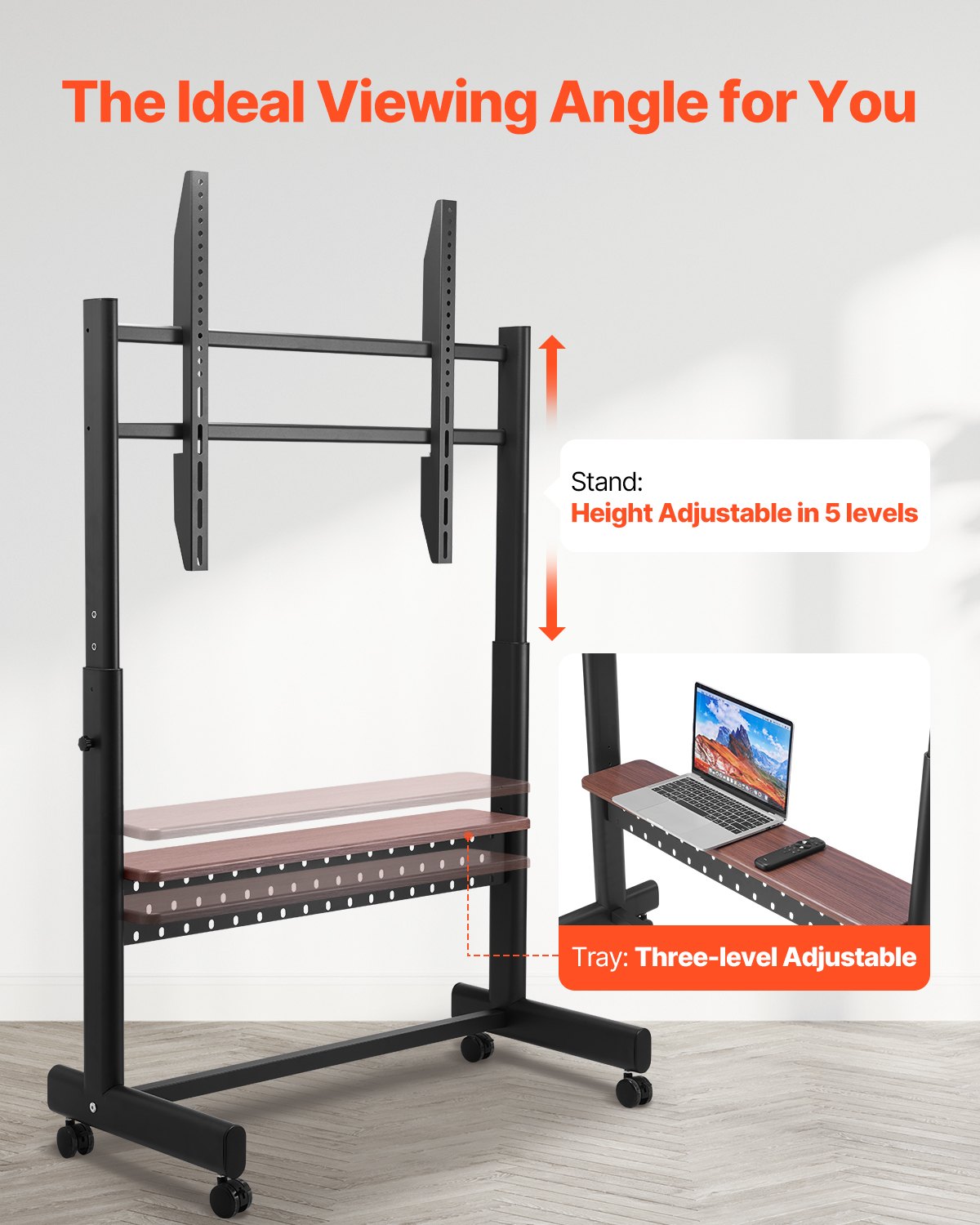 VEVOR Soporte de TV con Ruedas para Pantallas de 1397-2540 mm, Soporte de Monitor Portátil de Altura Ajustable con Estante de Hasta 92,99 kg para Sala de Estar, Oficina (máx. VESA 800 x 600 mm)