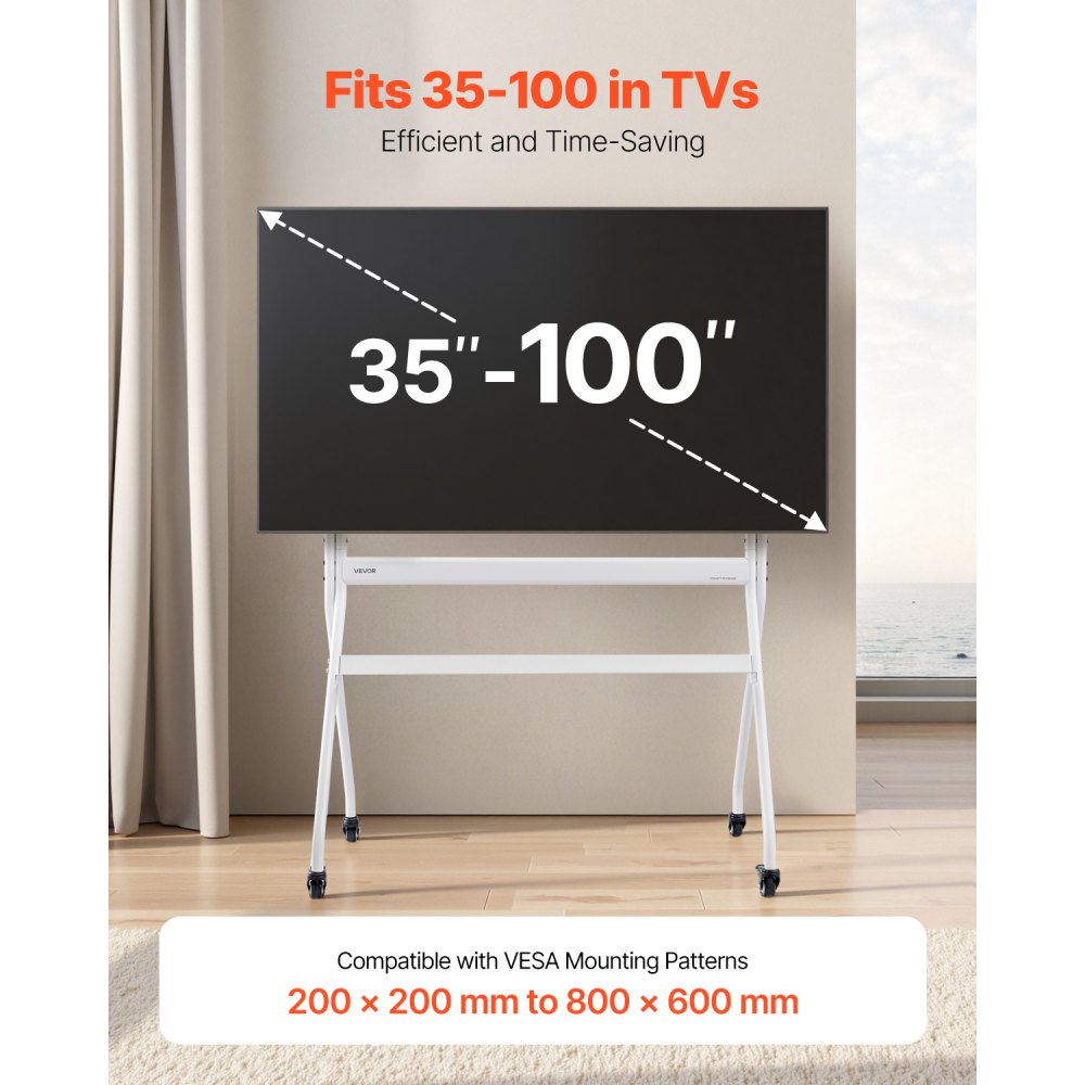 VEVOR Soporte de TV con Ruedas para Televisores de 889-2540 mm Capacidad de Peso 90 kg, Soporte de Suelo para Televisores con Estante (máx. VESA 800 x 600 mm) para Sala de Estar, Oficina, Blanco
