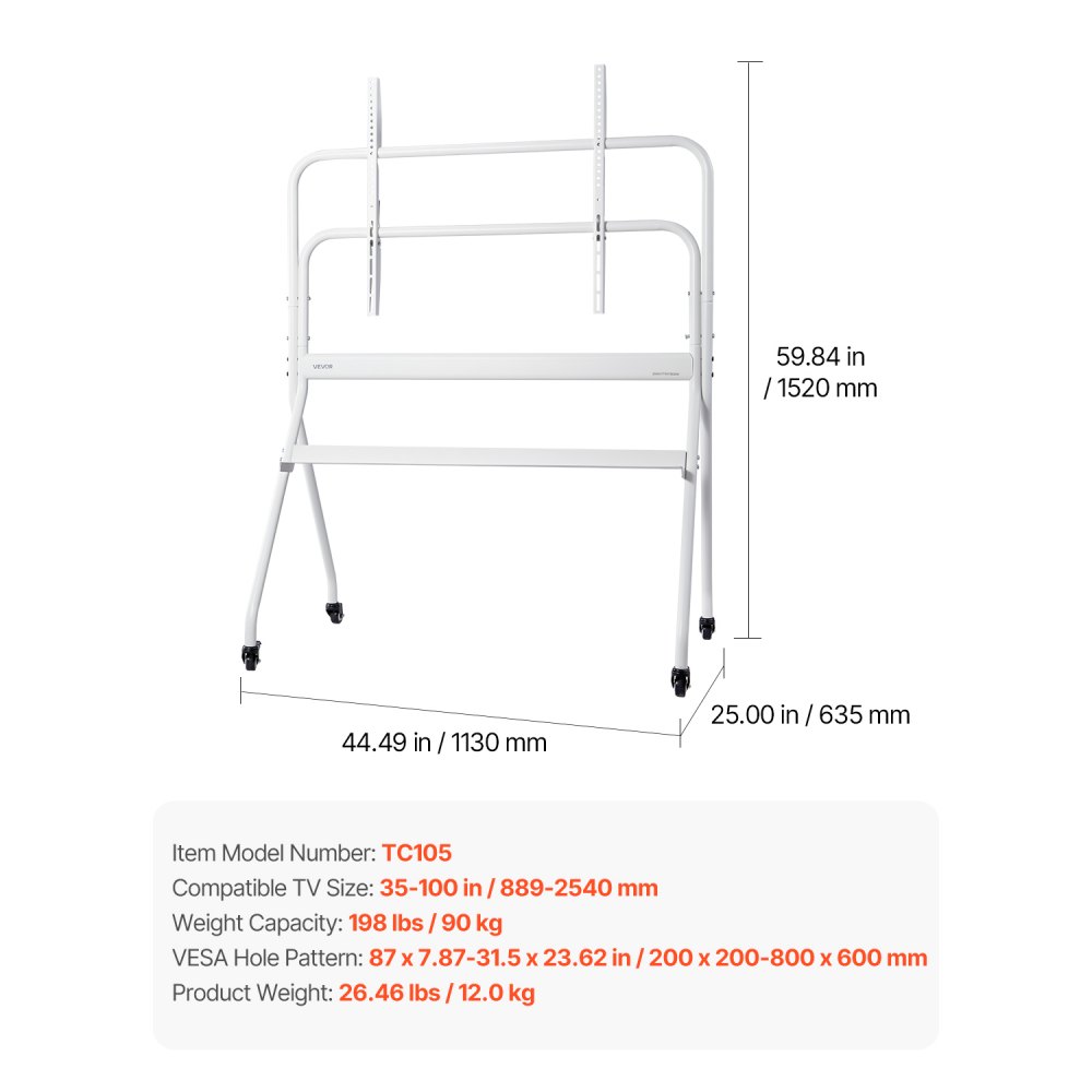 VEVOR Soporte de TV con Ruedas para Televisores de 889-2540 mm Capacidad de Peso 90 kg, Soporte de Suelo para Televisores con Estante (máx. VESA 800 x 600 mm) para Sala de Estar, Oficina, Blanco