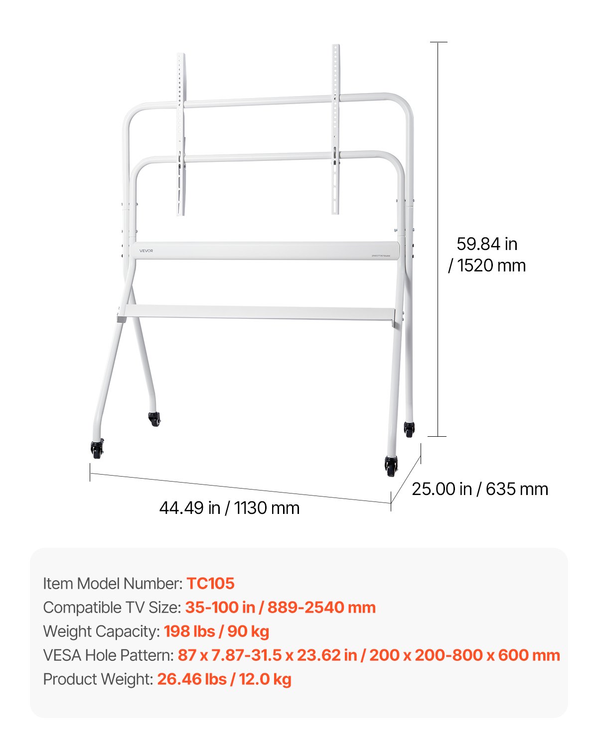VEVOR Soporte de TV con Ruedas para Televisores de 889-2540 mm Capacidad de Peso 90 kg, Soporte de Suelo para Televisores con Estante (máx. VESA 800 x 600 mm) para Sala de Estar, Oficina, Blanco