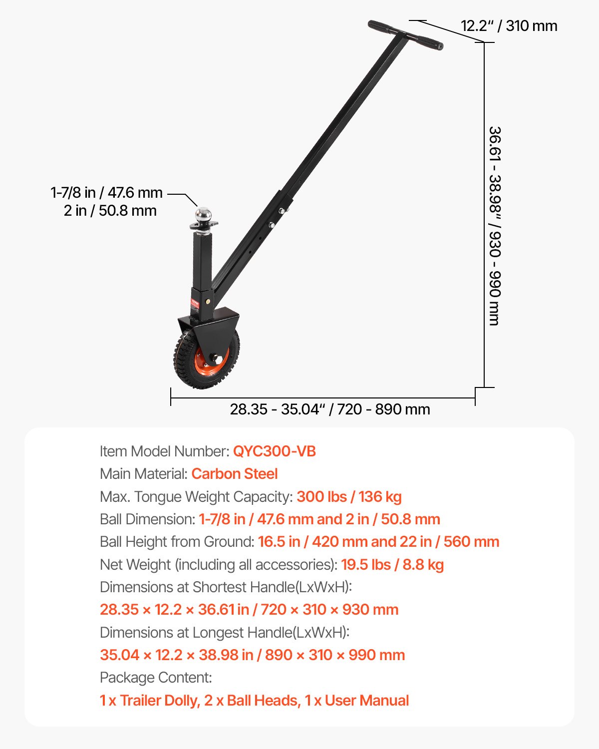 VEVOR Plataforma Rodante para Remolque, Capacidad de Peso de 136 kg, Carrito de Ajustable en Altura de 420 y 560 mm, con Bolas de 47,6 mm y 50,8 mm, Neumático de Goma para Mover un Remolque RV