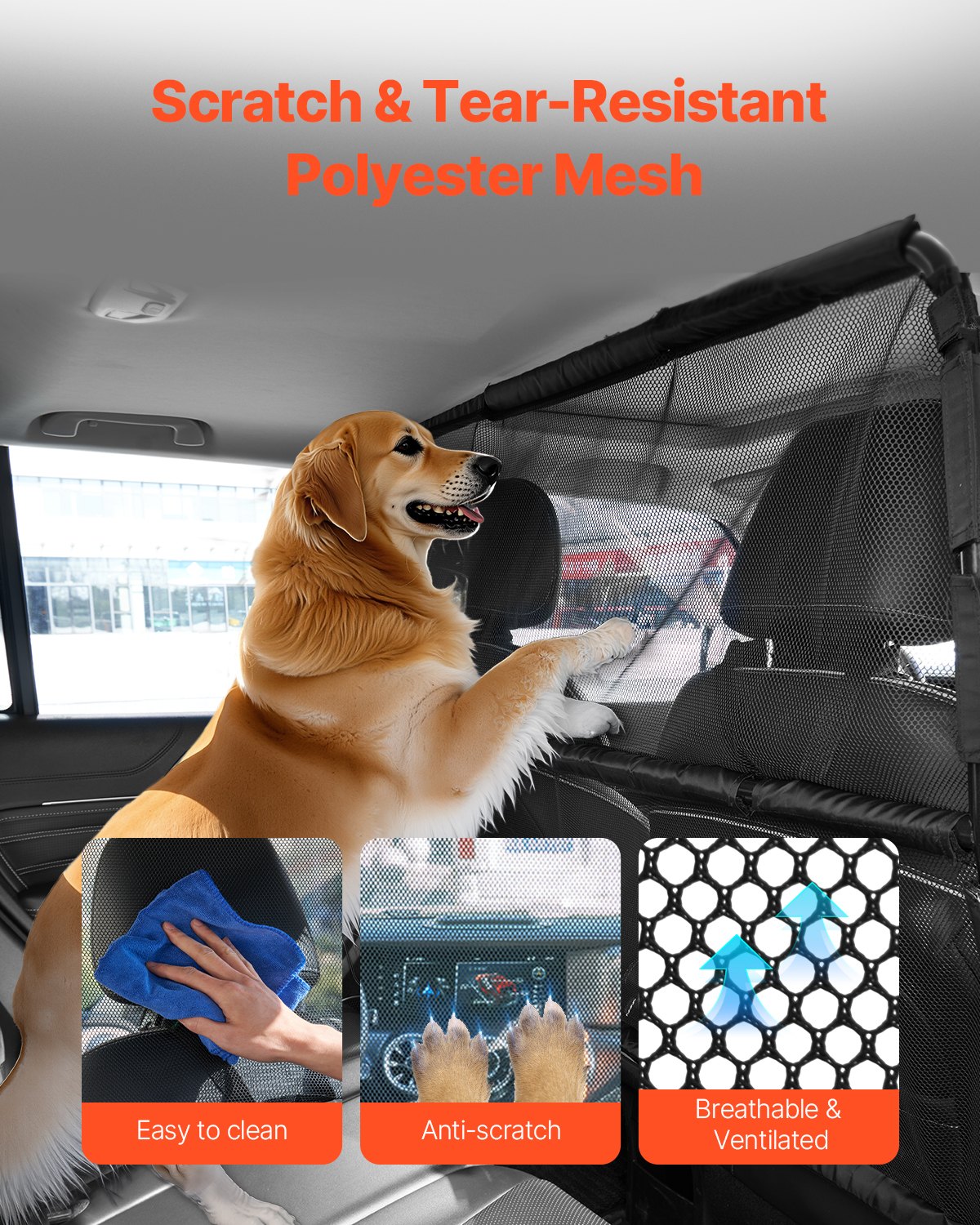 VEVOR Dog Car Barrier 1415 mm Partition Dog Guard for Mounting on Front Seats Car Protection Barrier Pet Barrier with Mesh Fabric, Universally Fitted Car Barrier for SUVs, Trucks, and Vehicles, Black