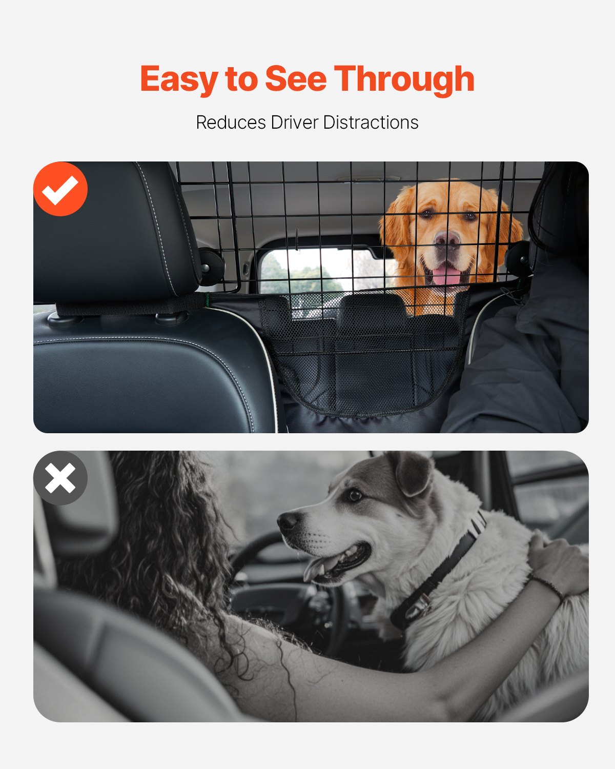 VEVOR Barrera Ajustable para Perros en el Coche, para Instalación en el Asiento Delantero, Red de Protección de Malla de Alambre Resistente y de Ajuste Universal, a Vehículos Sedán, Camiones y SUV