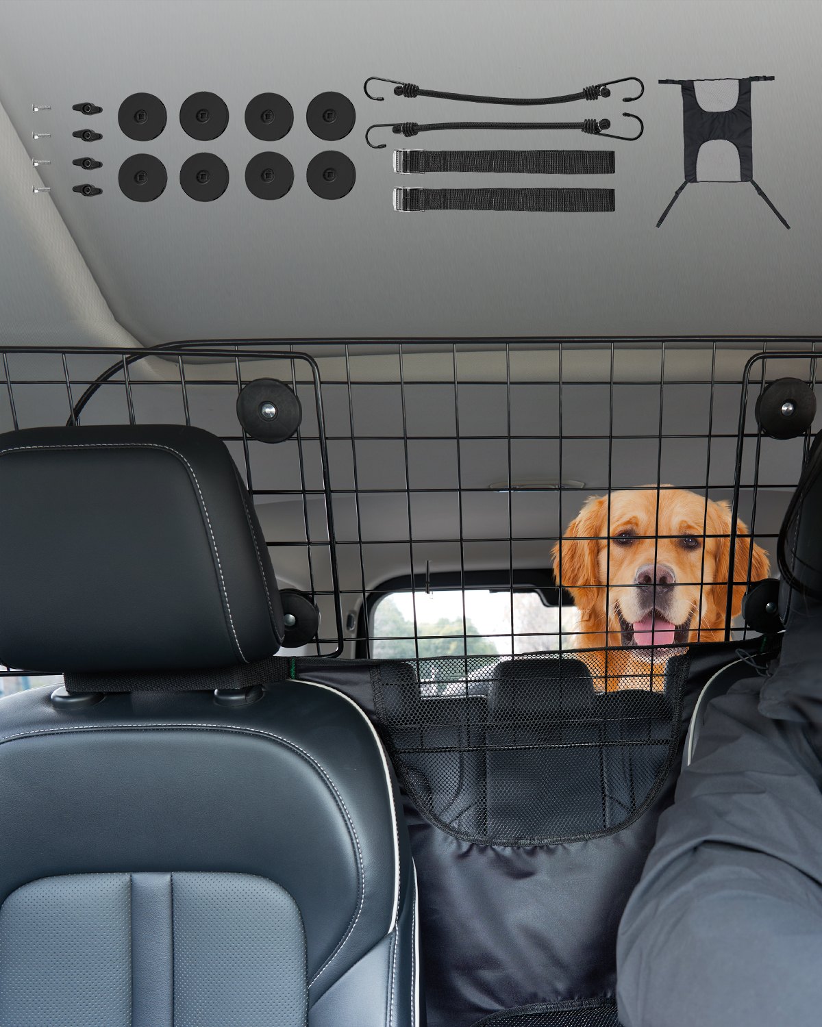 VEVOR Barrera Ajustable para Perros en el Coche, para Instalación en el Asiento Delantero, Red de Protección de Malla de Alambre Resistente y de Ajuste Universal, a Vehículos Sedán, Camiones y SUV