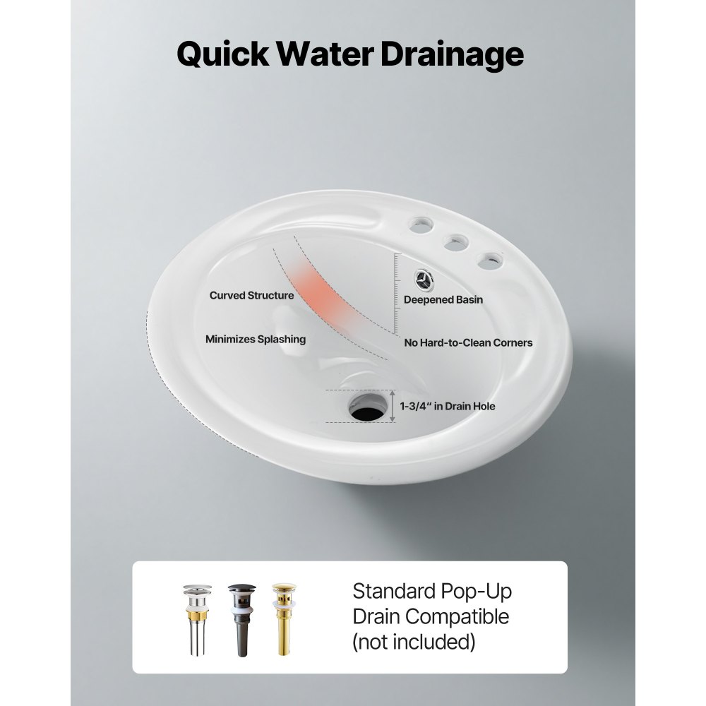 VEVOR Lavabo Semiencastrado de Encimera Ovalado, 485 x 425 x 190 mm, con Rebosadero y 3 Orificios para Grifo, Moderno Lavabo Empotrado para Cocina y Baño, con Protección Antiamarilleo, Blanco
