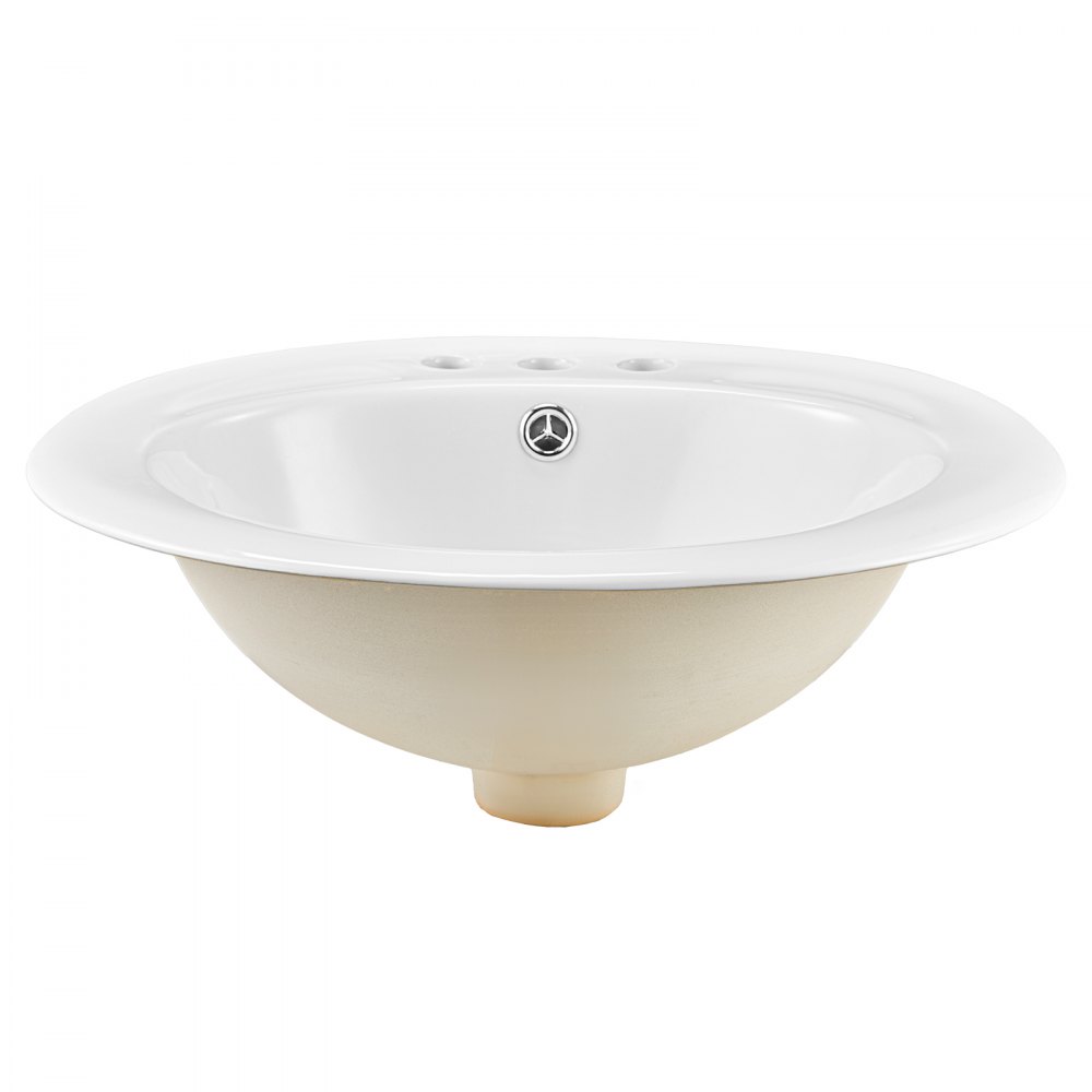 VEVOR Lavabo Semiencastrado de Encimera Ovalado, 485 x 425 x 190 mm, con Rebosadero y 3 Orificios para Grifo, Moderno Lavabo Empotrado para Cocina y Baño, con Protección Antiamarilleo, Blanco