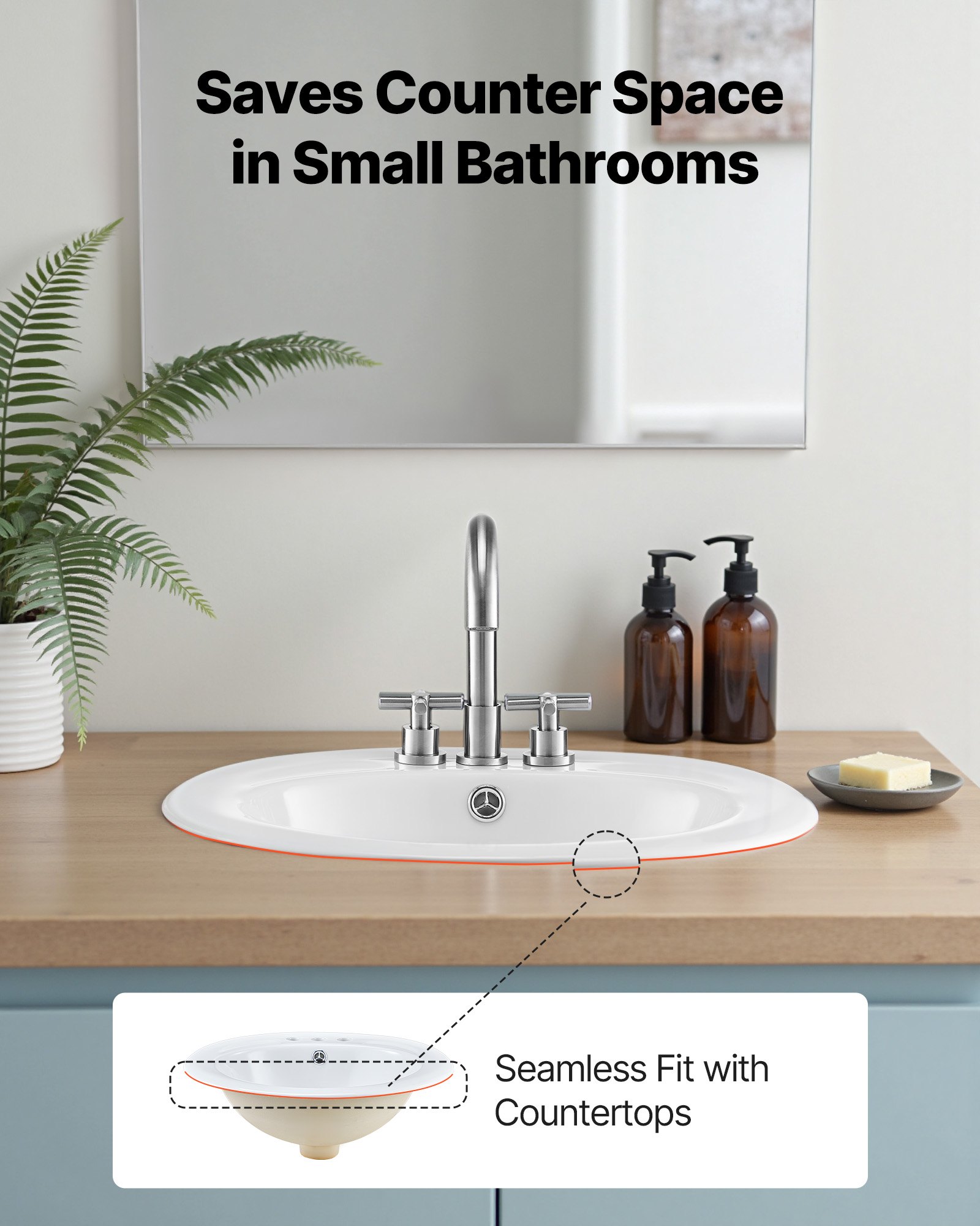 VEVOR Lavabo Semiencastrado de Encimera Ovalado, 485 x 425 x 190 mm, con Rebosadero y 3 Orificios para Grifo, Moderno Lavabo Empotrado para Cocina y Baño, con Protección Antiamarilleo, Blanco