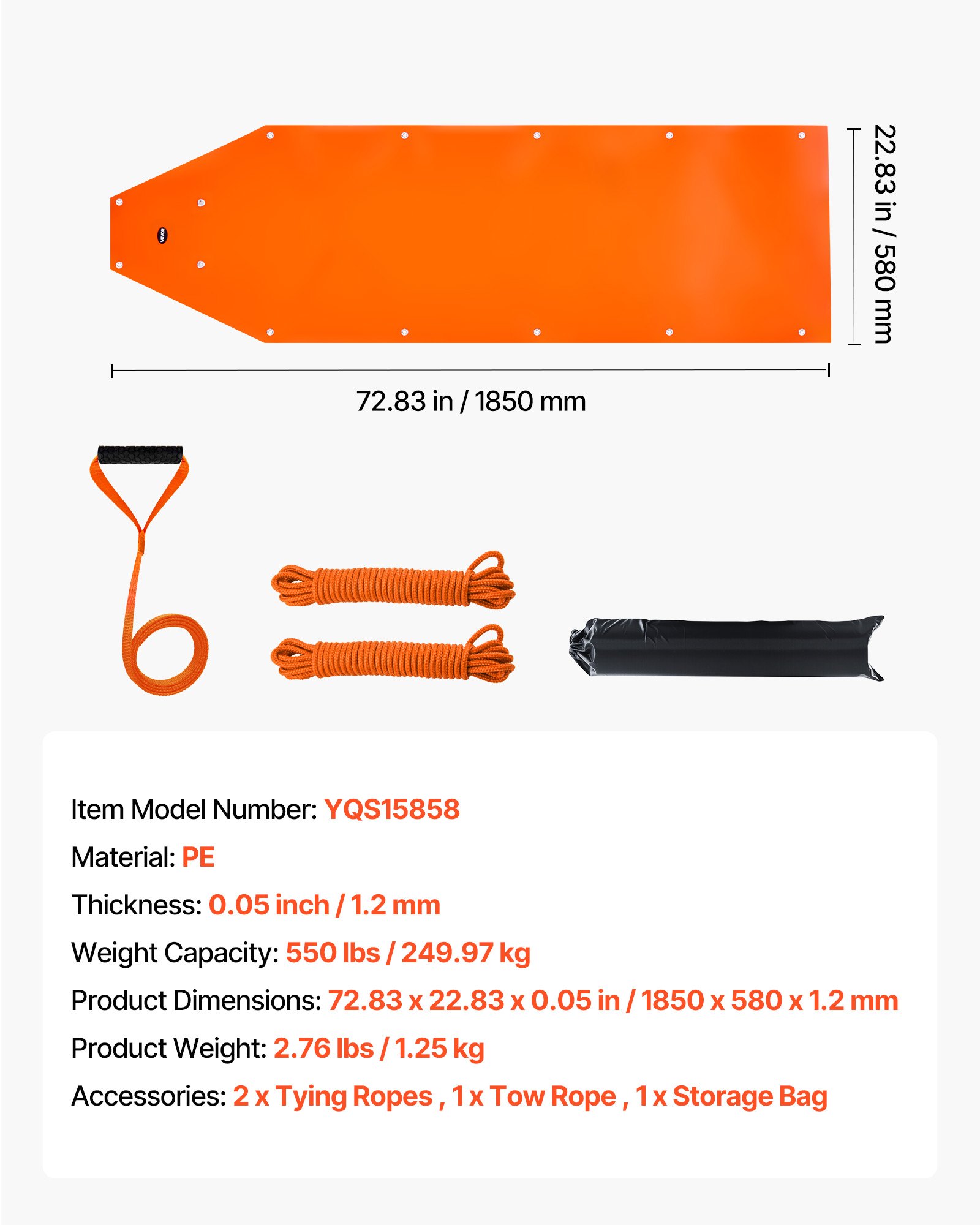 VEVOR Trineo de Arrastre para Ciervos, Trineo para Patio de 1850 x 580 x 1,2 mm Estera de Deslizamiento de Arrastre de PE con Cuerdas y Asa Carga de 249,97 kg para Leña, Pesca en Hielo y Caza