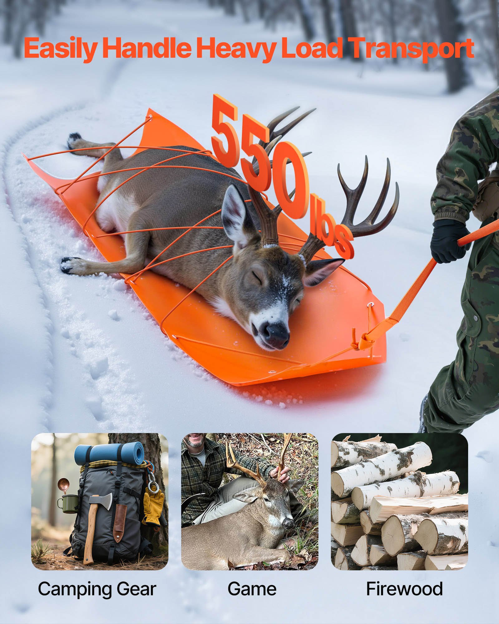 VEVOR Deer Drag Sled, 185 x 58 cm, 250 kg Heavy Duty Yard Utility Sled, Tear-Resistant PE Drag Glider Mat with Ropes & Handle, Thickened Game Hauler for Firewood Ice Fishing Hauling Hunting