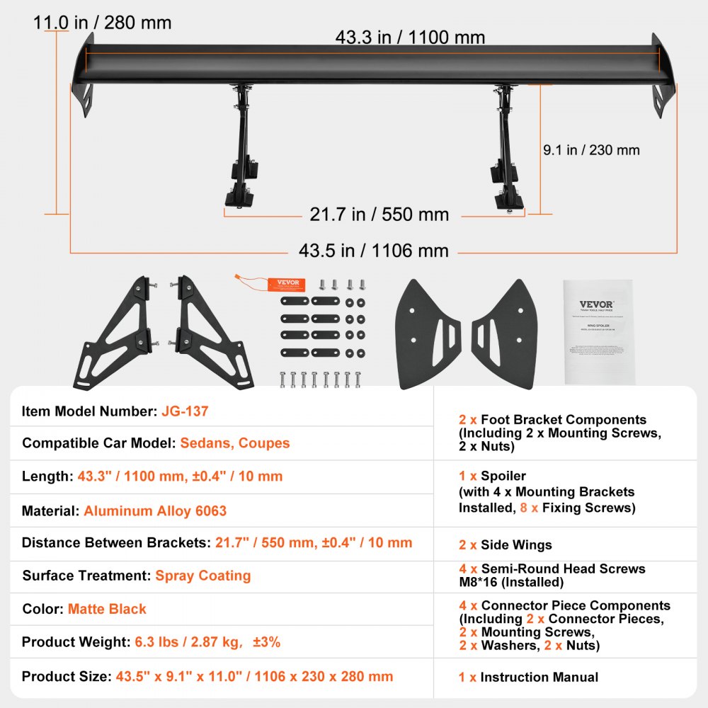 VEVOR Alerón de Coche, Alerón Universal de 1106 x 230 x 280 mm con Una Sola Cubierta, Aluminio Ligero Ajustable, Compatible con la Mayoría de los Sedanes y Cupés, Alerón de Carreras BGW/JDM Negro Mate
