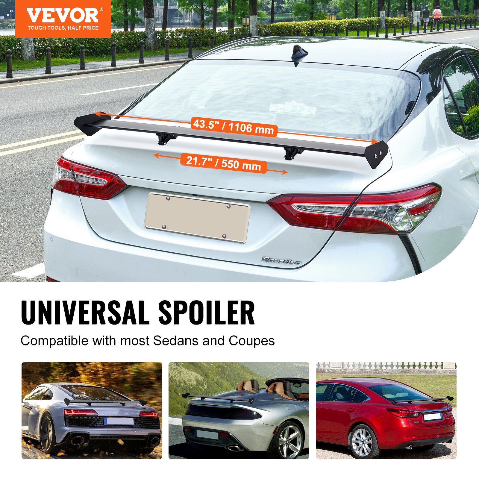 VEVOR Alerón de Coche, Alerón Universal de 1106 x 220 x 130 mm con Una Sola Cubierta, Aluminio Ligero Ajustable, Compatible con la Mayoría de los Sedanes y Cupés, Alerón de Carreras BGW/JDM Negro Mate