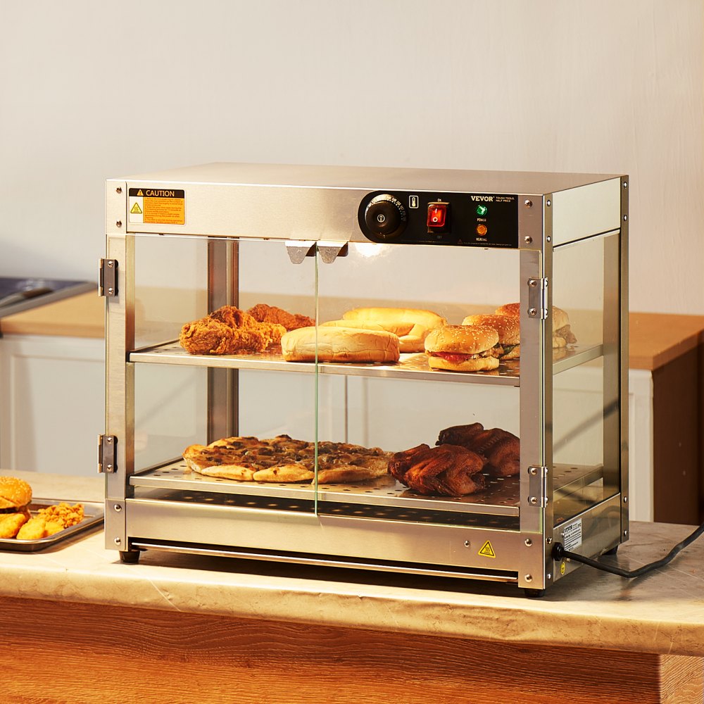 VEVOR 2-tier commercial food warmer, 800 W food warmer with light to enhance food presentation, 30 °C to 85 °C temperature control, 58 l capacity for hamburgers, pizza, bread, roast chicken