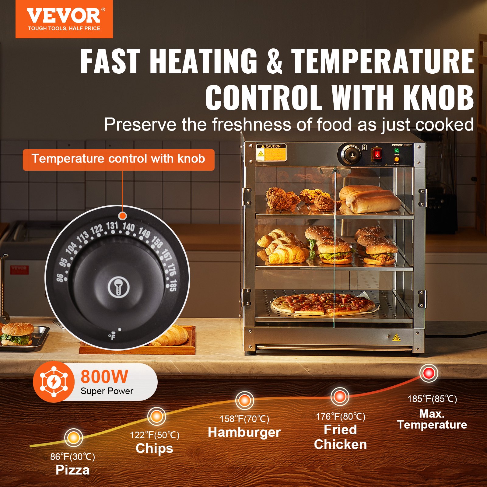 VEVOR 3-tier commercial food warmer, 800 W food warmer with light to enhance food presentation, 30 °C to 85 °C temperature control, 90 l capacity for hamburgers, pizza, bread, roast chicken