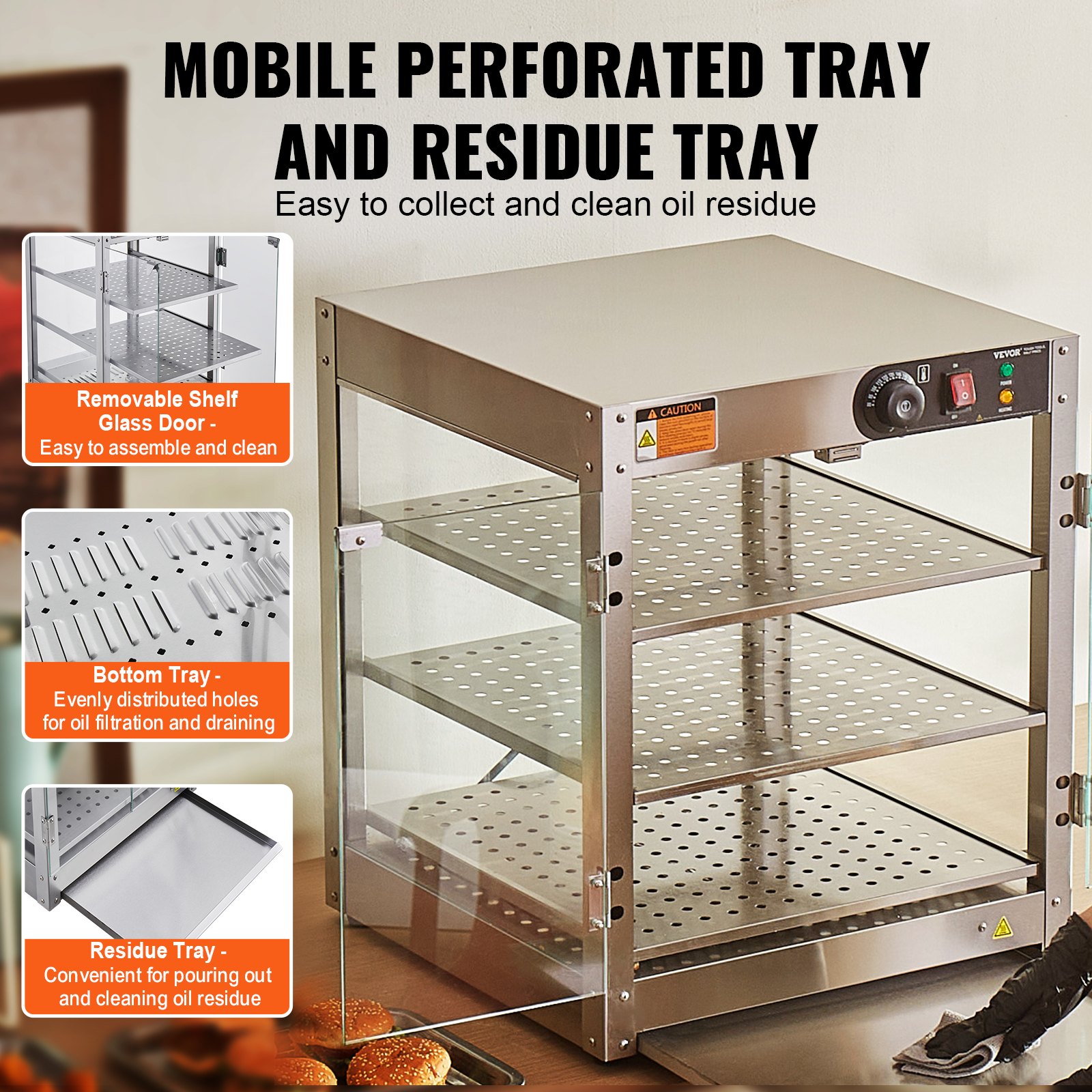 VEVOR 3-tier commercial food warmer, 800 W food warmer with light to enhance food presentation, 30 °C to 85 °C temperature control, 90 l capacity for hamburgers, pizza, bread, roast chicken