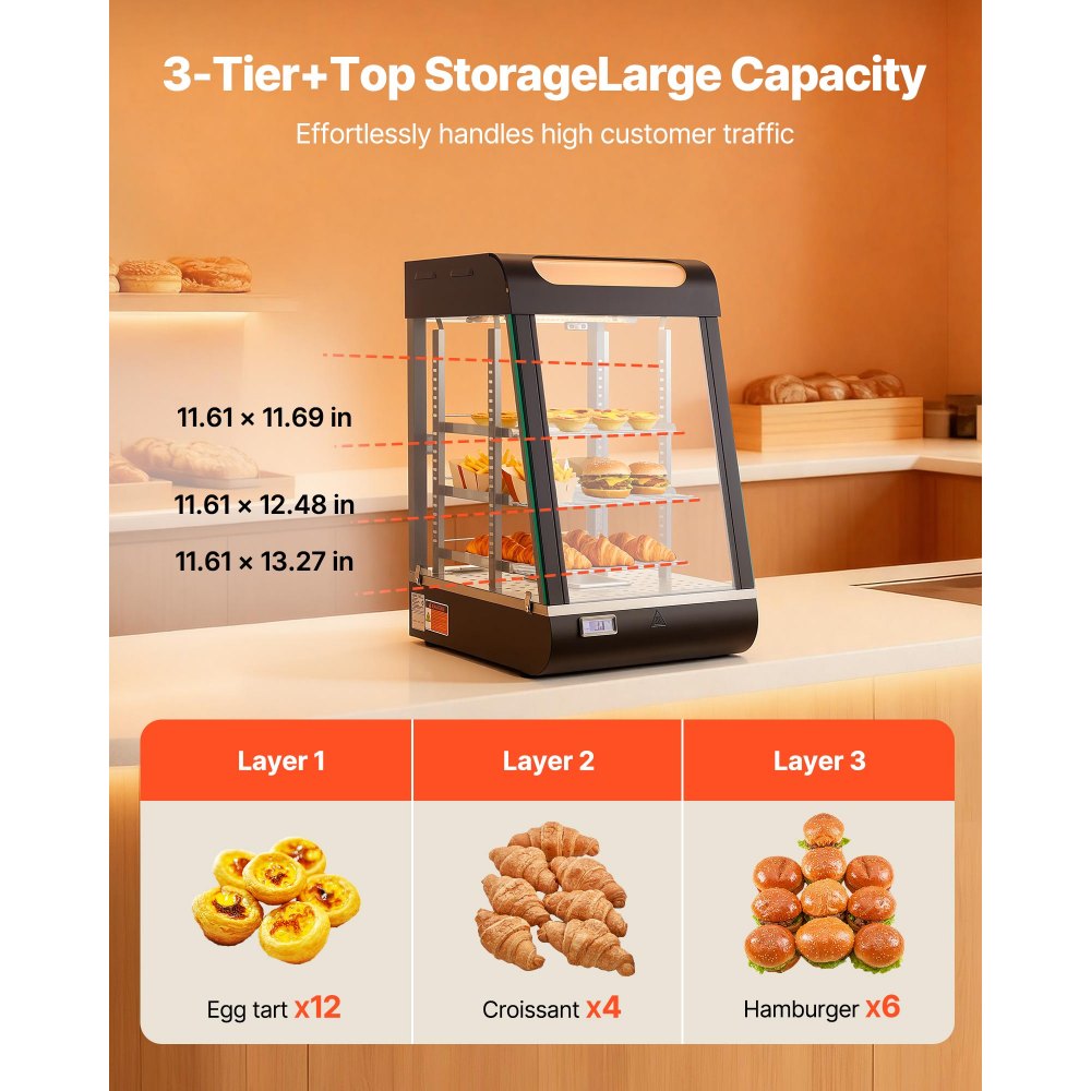VEVOR Vitrina de Calor para Hostelería 3 Niveles 800 W, Expositor Calentador de Alimentos 57 L con Luz LED, Estantes Extraíbles, 30 °C a 85 °C, para Tapas, Hamburguesas, Pizzas, Pan, Pollo Frito