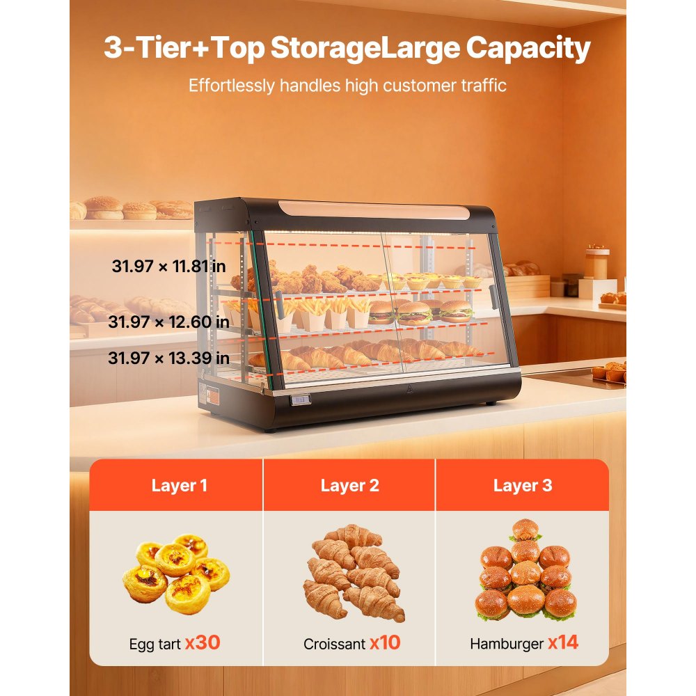 VEVOR Vitrina de Calor para Hostelería 3 Niveles 1400 W, Expositor Calentador de Alimentos 130 L con Luz LED, Estantes Extraíbles, 30 °C a 85 °C, para Tapas, Hamburguesas, Pizzas, Pan, Pollo Frito
