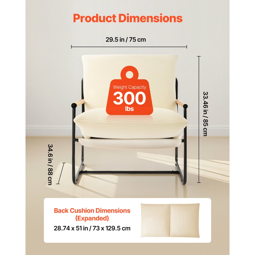 VEVOR Sillón de Acento, Sillón Tapizado 88 x 75 x 85 cm con Acolchado de Espuma Suave, Estructura de Metal y Cojín Extraíble, para Sala de Estar, Dormitorio, Sala de Lectura y Oficina, Beige