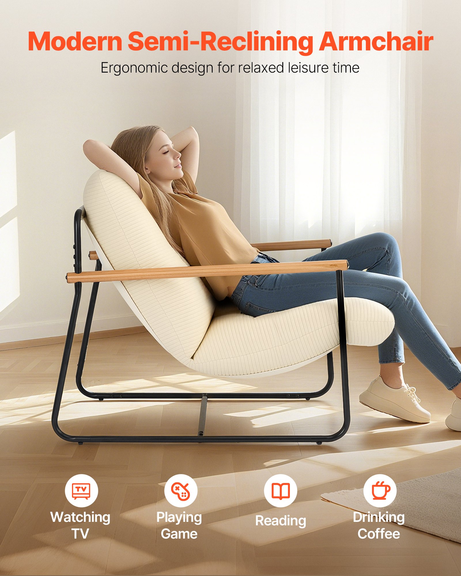 VEVOR Sillón de Acento, Sillón Tapizado 88 x 75 x 85 cm con Acolchado de Espuma Suave, Estructura de Metal y Cojín Extraíble, para Sala de Estar, Dormitorio, Sala de Lectura y Oficina, Beige