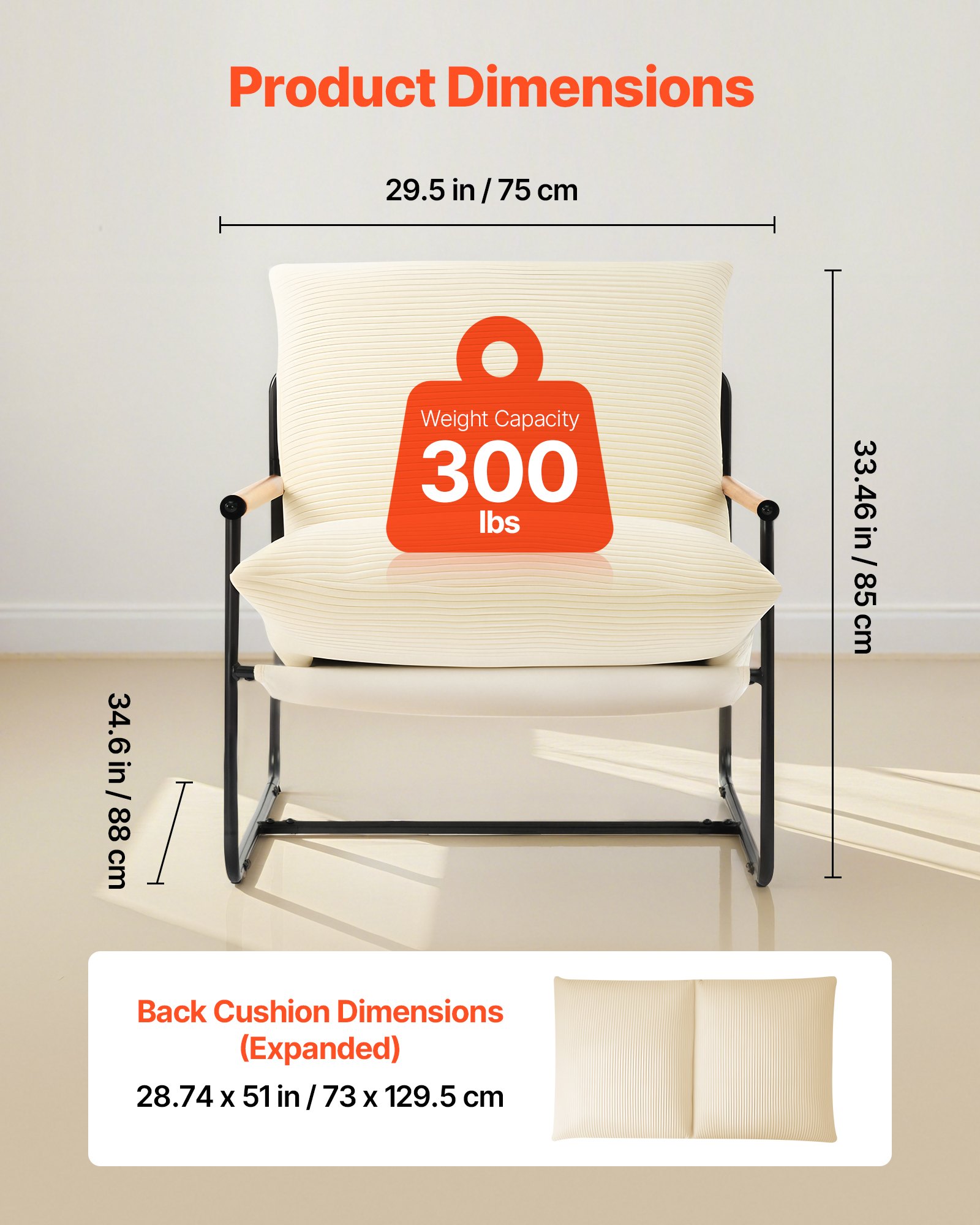 VEVOR Sillón de Acento, Sillón Tapizado 88 x 75 x 85 cm con Acolchado de Espuma Suave, Estructura de Metal y Cojín Extraíble, para Sala de Estar, Dormitorio, Sala de Lectura y Oficina, Beige