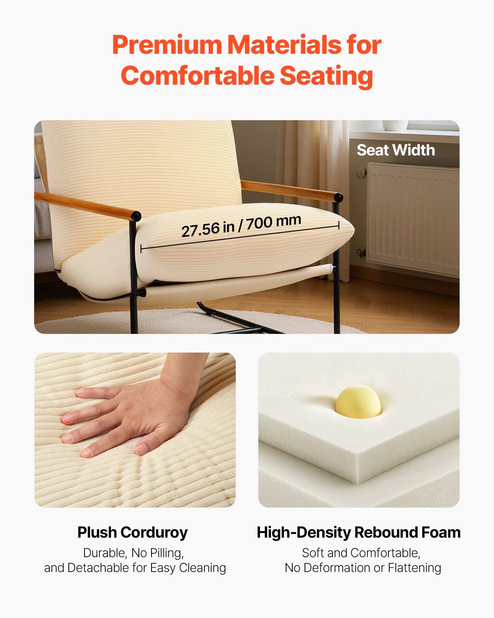 VEVOR Sillón de Acento, Sillón Tapizado 88 x 75 x 85 cm con Acolchado de Espuma Suave, Estructura de Metal y Cojín Extraíble, para Sala de Estar, Dormitorio, Sala de Lectura y Oficina, Beige