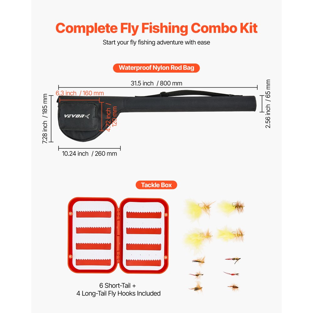 VEVOR Set de Pesca con Mosca, Caña y Carrete de Carbono IM7, con Bolsa para Caña, Caja de Aparejos, 6 Anzuelos de Cola Corta y 4 de Cola Larga, Ideal para Viajes y Vacaciones, 2750 x 115 x 50 mm