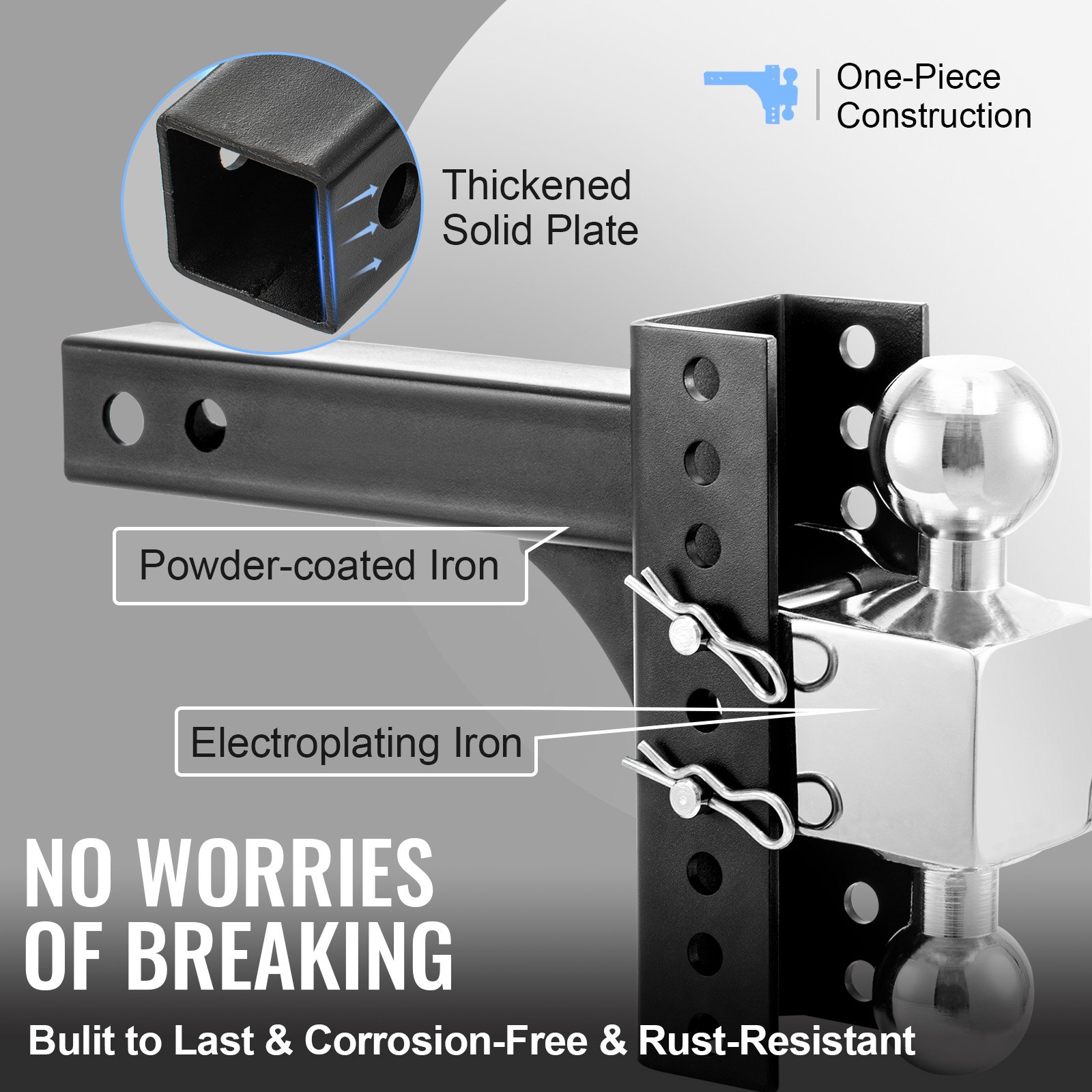 VEVOR Enganche de Remolque Ajustable Receptor de 2,5" Caída Ajustable 6" Brazo de Remolque de Acero Inoxidable Soporte de Bola de Enganche de Remolque Capacidad de 22,000 lbs con Pasadores de Bloqueo
