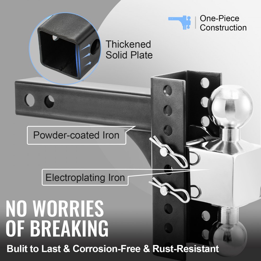 VEVOR Enganche de Remolque Ajustable Receptor de 2,5" Caída Ajustable 8" Brazo de Remolque de Acero Inoxidable Soporte de Bola de Enganche de Remolque Capacidad de 22,000 lbs con Pasadores de Bloqueo