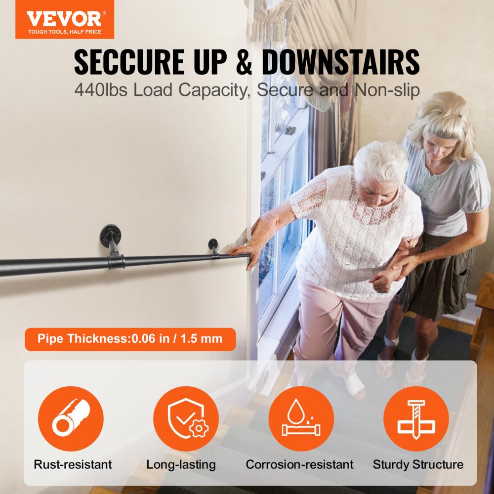 VEVOR Pasamanos Escalera 330 cm Pasamanos de Pared Acero al Carbono Acabado Mate Carga 200 kg Pasamanos Estilo Industrial Ø32 mm Pasamanos Montaje en Pared Kit Completo Negro para Interior y Exterior