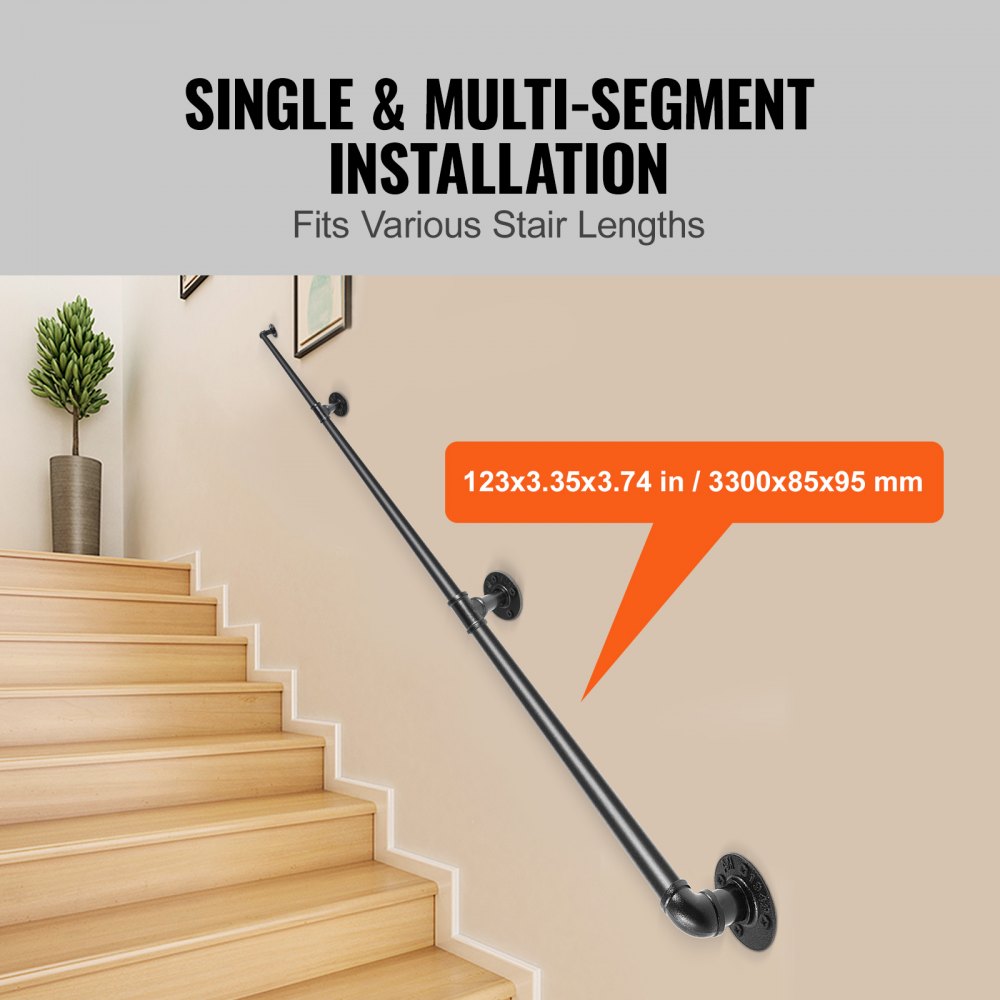 VEVOR Pasamanos Escalera 330 cm Pasamanos de Pared Acero al Carbono Acabado Mate Carga 200 kg Pasamanos Estilo Industrial Ø32 mm Pasamanos Montaje en Pared Kit Completo Negro para Interior y Exterior