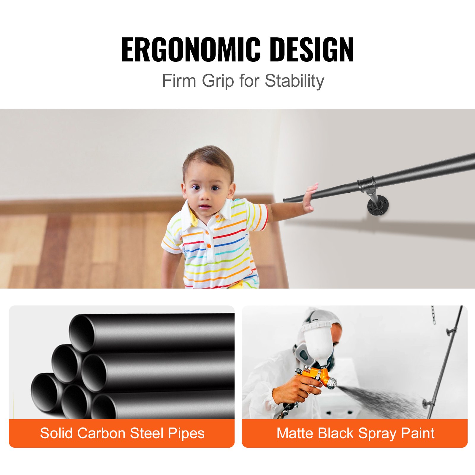 Pasamanos de escalera de tubo VEVOR de diseño ergonómico con acero al carbono macizo y acabado negro mate.