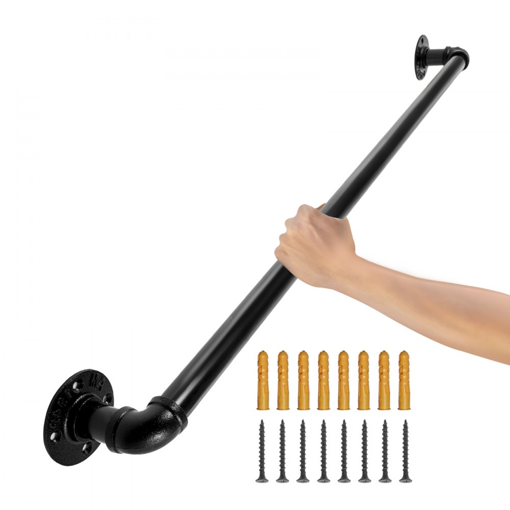 Mano sujetando el pasamanos de escalera de tubo VEVOR con tornillos y tacos de pared sobre fondo blanco.