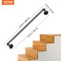 Pasamanos de escalera de tubo VEVOR, negro, instalado en escaleras de madera con dimensiones indicadas.