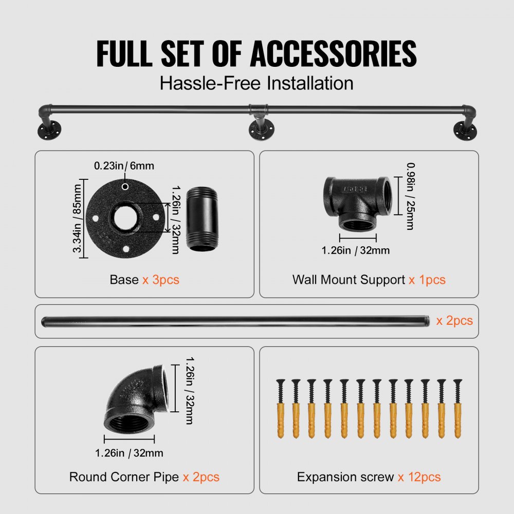 VEVOR Pasamanos Escalera 212 cm Pasamanos de Pared Acero al Carbono Acabado Mate Carga 200 kg Pasamanos Estilo Industrial Ø32 mm Pasamanos Montaje en Pared Kit Completo Negro para Interior y Exterior