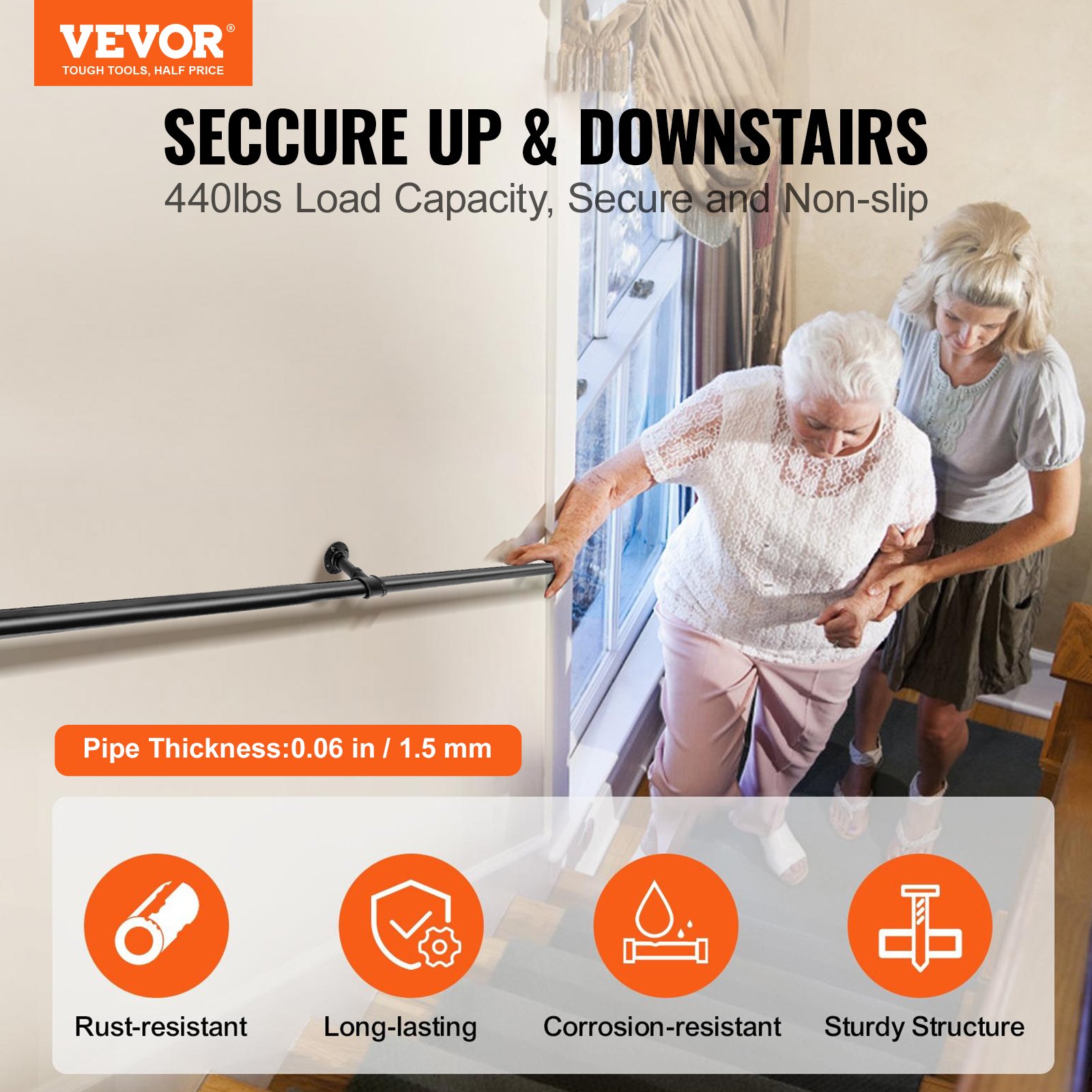 VEVOR Pasamanos Escalera 212 cm Pasamanos de Pared Acero al Carbono Acabado Mate Carga 200 kg Pasamanos Estilo Industrial Ø32 mm Pasamanos Montaje en Pared Kit Completo Negro para Interior y Exterior