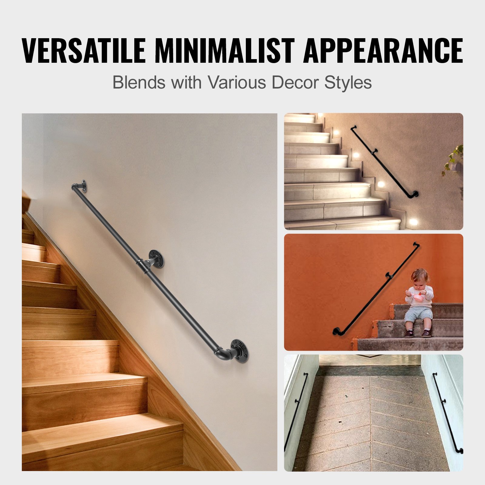 VEVOR Pasamanos Escalera 212 cm Pasamanos de Pared Acero al Carbono Acabado Mate Carga 200 kg Pasamanos Estilo Industrial Ø32 mm Pasamanos Montaje en Pared Kit Completo Negro para Interior y Exterior